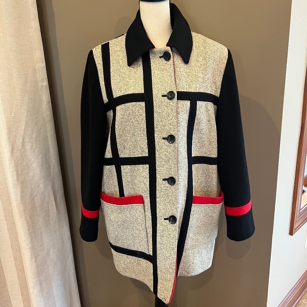 Women's Vintage Spencer Reid Wool Blend Coat, Cream, Office Red & Black, Size 8
